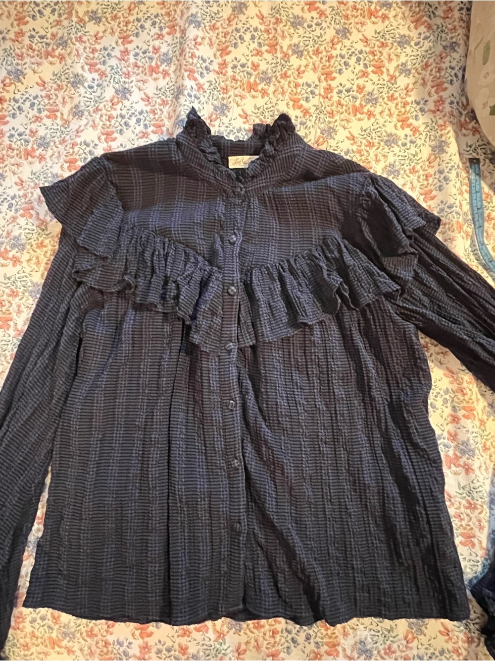 LoveShackFancy Navy Ruffled Shirt